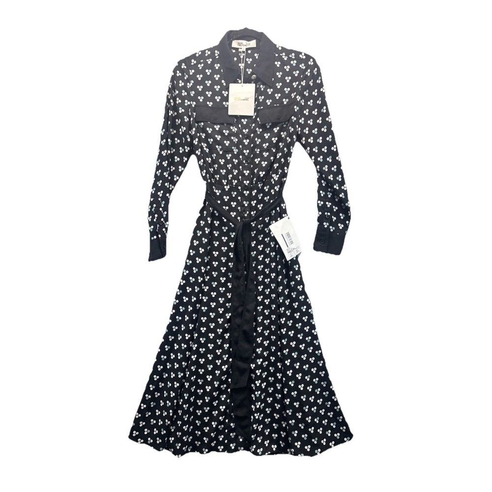 DVF Antoinette Printed Crepe de Chine Midi Shirt Dress Black White Belted NWT S